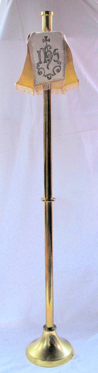 Tall Brass Floor Alter Stick with Religious Silk Appliqued Topper Tall Brass Floor Alter Stick with Religious Silk Appliqued Topper