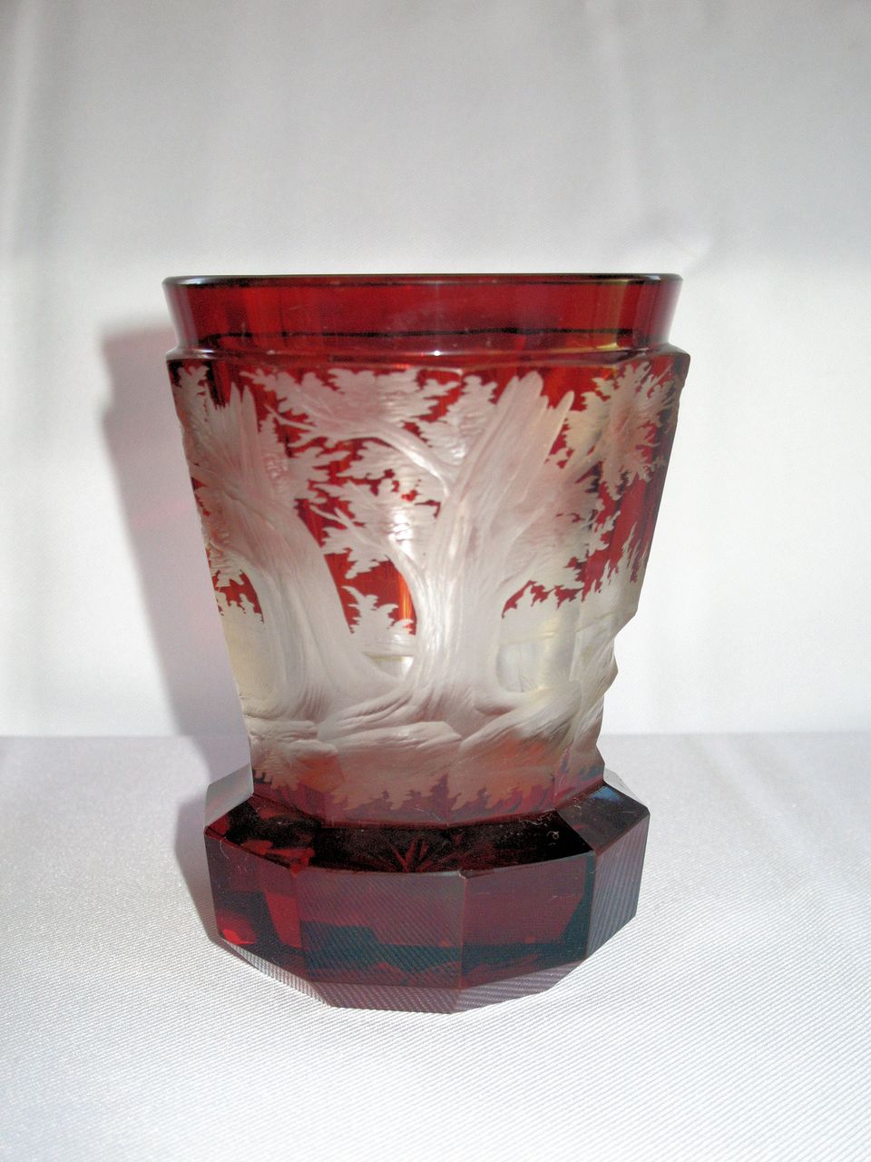Bohemian Ruby Red Glass Beaker, Hunting Scene Bohemian Ruby Red Glass Beaker, Hunting Scene