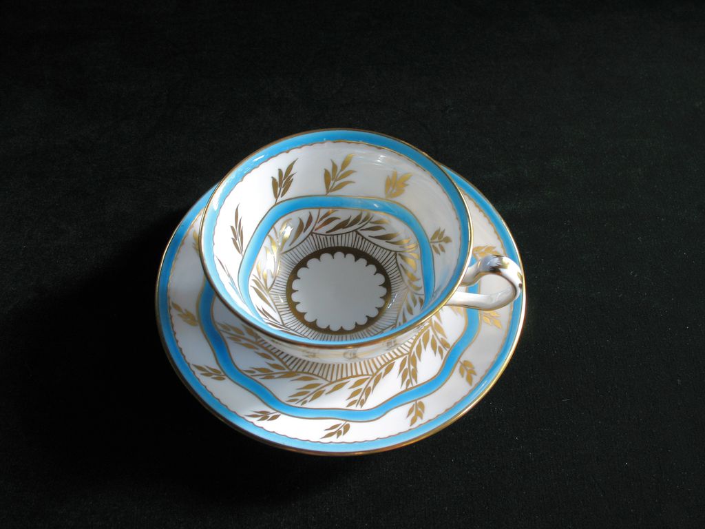 Charming Royal Chelsea Turquoise, White and Gold Cup and Saucer, Pattern 265A, Circa Mid-20th Century Charming Royal Chelsea Turquoise, White and Gold Cup and Saucer, Pattern 265A, Circa Mid-20th Century
