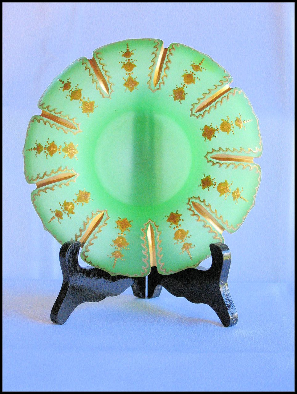 Small Green Opaline Uranium Glass Compote with Gorgeous Gilding Small Green Opaline Uranium Glass Compote with Gorgeous Gilding
