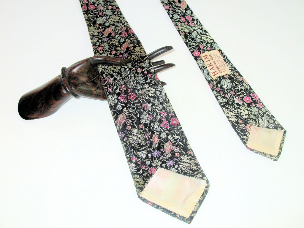 Black Necktie in Gold, Lavender, Pink, Peach with Imported Silk by Hakim Egyptian Art Black Necktie in Gold, Lavender, Pink, Peach with Imported Silk by Hakim Egyptian Art
