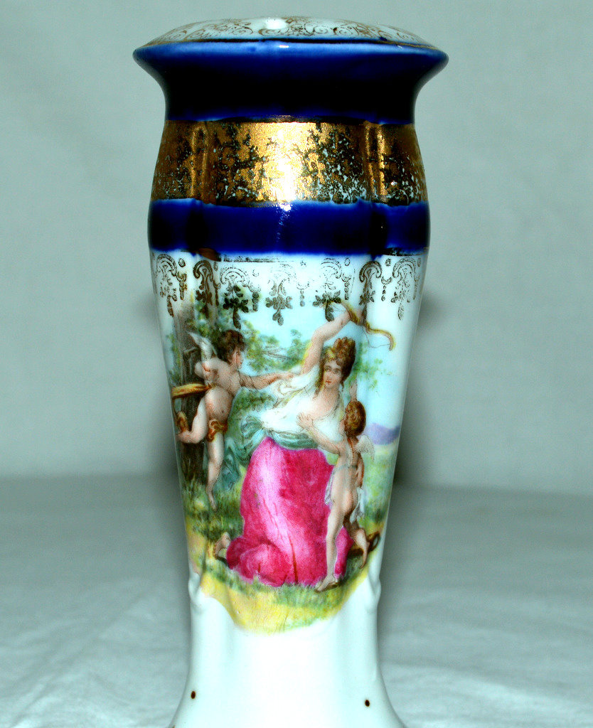 Vintage Porcelain Hat Pin Holder Germany with Maiden and Dancing Angels Vintage Porcelain Hat Pin Holder Germany with Maiden and Dancing Angels