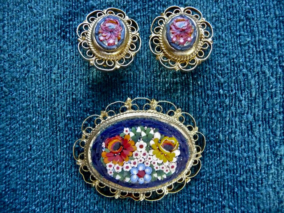 Floral Micro Mosaic Pin and Earring Set with Lacey Gold Tone Metal Border Floral Micro Mosaic Pin and Earring Set with Lacey Gold Tone Metal Border