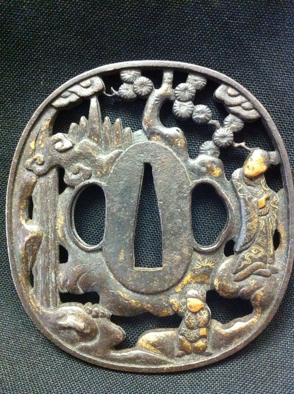 Man with Child Gilt Work Japanese Tsuba Man with Child Gilt Work Japanese Tsuba