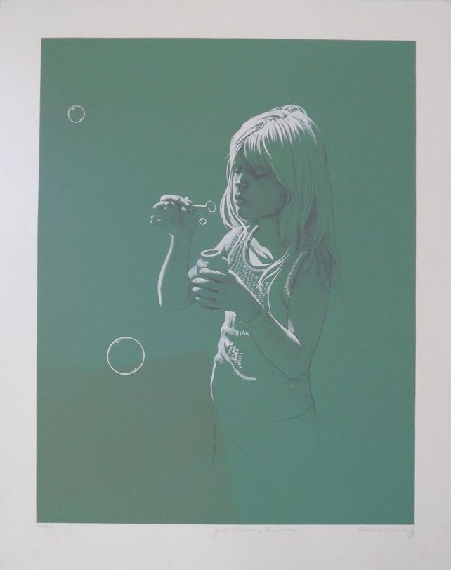 Robert Vickrey 'Girl Blowing Bubbles' Lithograph Signed and Numbered Robert Vickrey 'Girl Blowing Bubbles' Lithograph Signed and Numbered