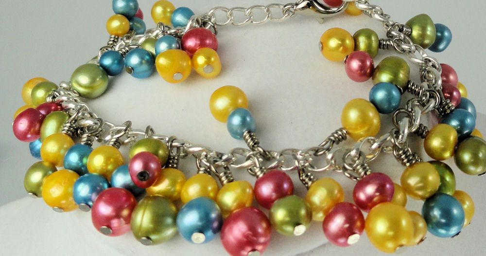 Inspired by Spring Dyed Cultured Freshwater Pearl Wire Wrapped Dangle Charm Bracelet Inspired by Spring Dyed Cultured Freshwater Pearl Wire Wrapped Dangle Charm Bracelet