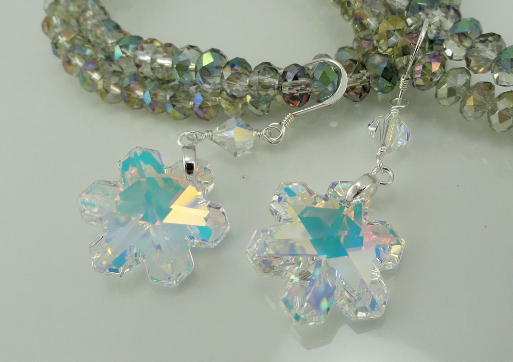 Swarovski Crystal AB Snowflakes Hand Wire Wrapped Sterling Silver Earrings Swarovski Crystal AB Snowflakes Hand Wire Wrapped Sterling Silver Earrings