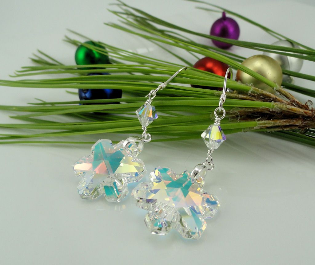 Swarovski Crystal AB Snowflakes Hand Wire Wrapped Sterling Silver Earrings Swarovski Crystal AB Snowflakes Hand Wire Wrapped Sterling Silver Earrings