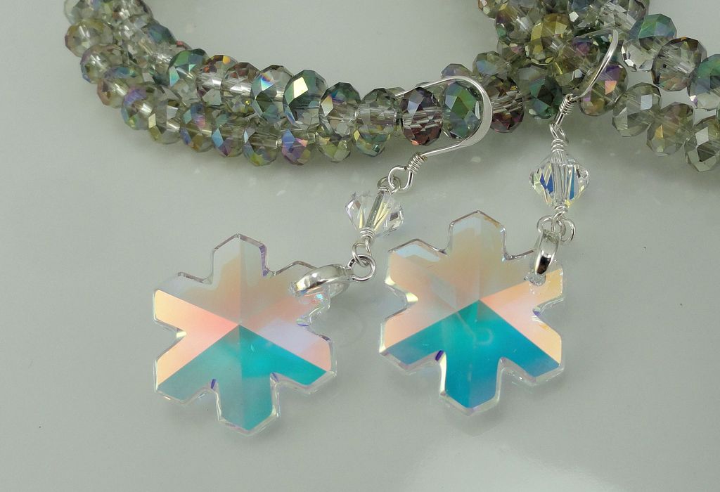 Swarovski Crystal AB Snowflakes Hand Wire Wrapped Sterling Silver Earrings Swarovski Crystal AB Snowflakes Hand Wire Wrapped Sterling Silver Earrings