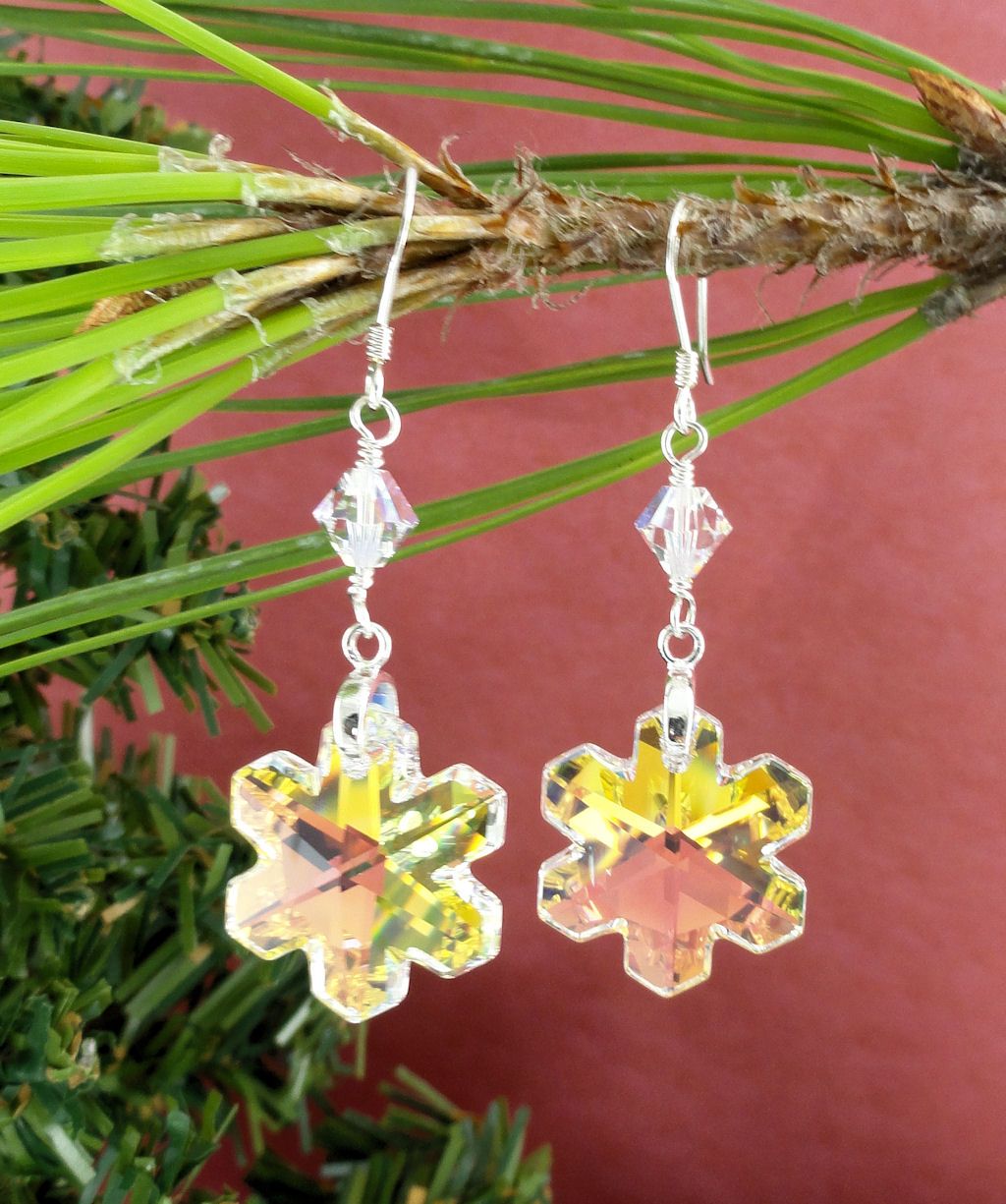 Swarovski Crystal AB Snowflakes Hand Wire Wrapped Sterling Silver Earrings Swarovski Crystal AB Snowflakes Hand Wire Wrapped Sterling Silver Earrings