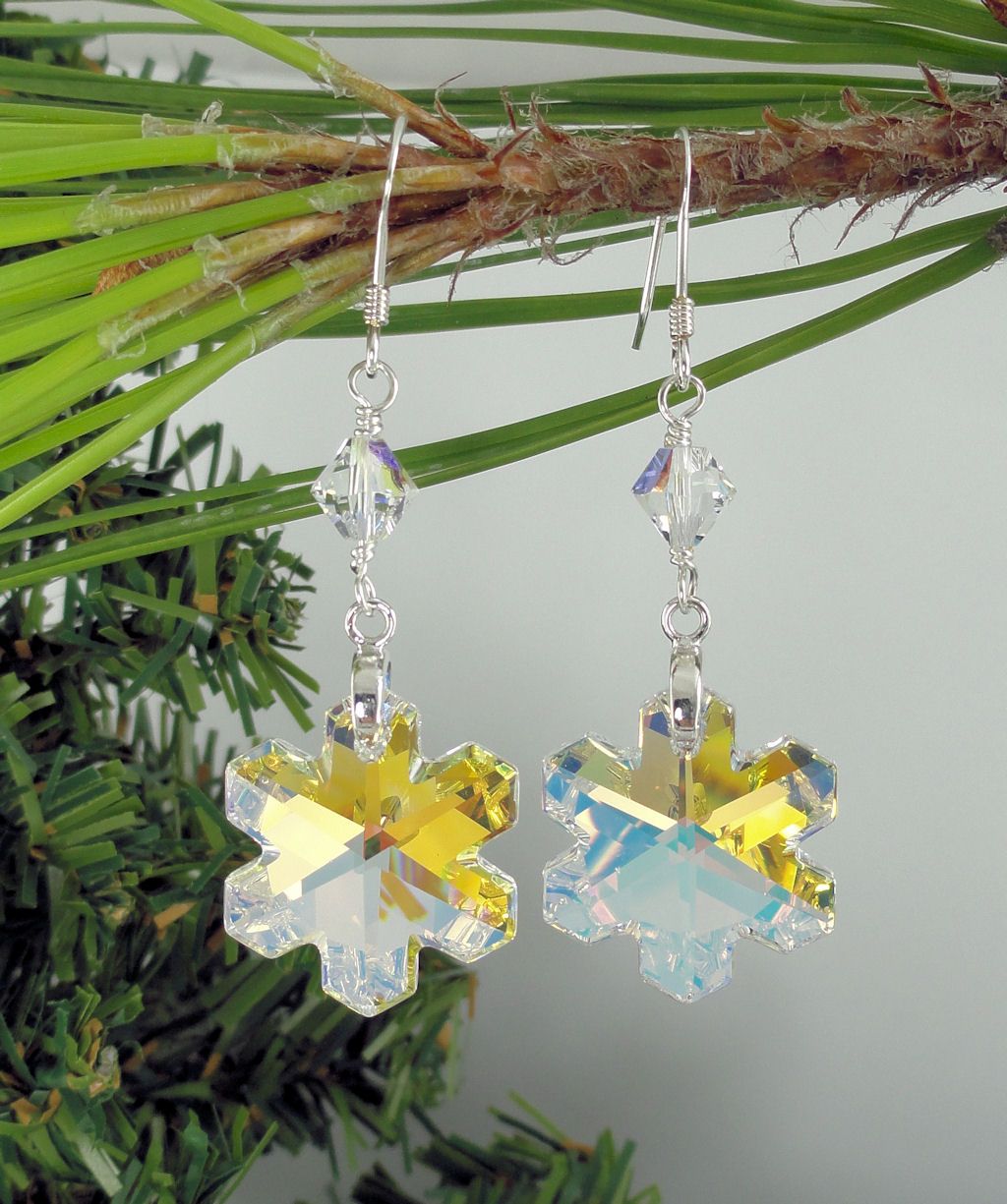 Swarovski Crystal AB Snowflakes Hand Wire Wrapped Sterling Silver Earrings Swarovski Crystal AB Snowflakes Hand Wire Wrapped Sterling Silver Earrings
