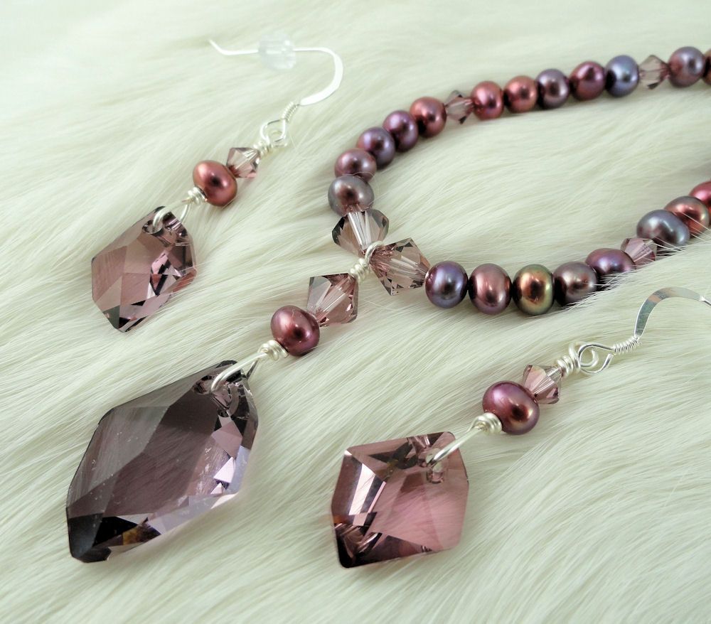 Swarovski Antique Pink Cosmic Crystal, cultured Freshwater Pearl, and Silver Necklace and Earring Set Swarovski Antique Pink Cosmic Crystal, cultured Freshwater Pearl, and Silver Necklace and Earring Set