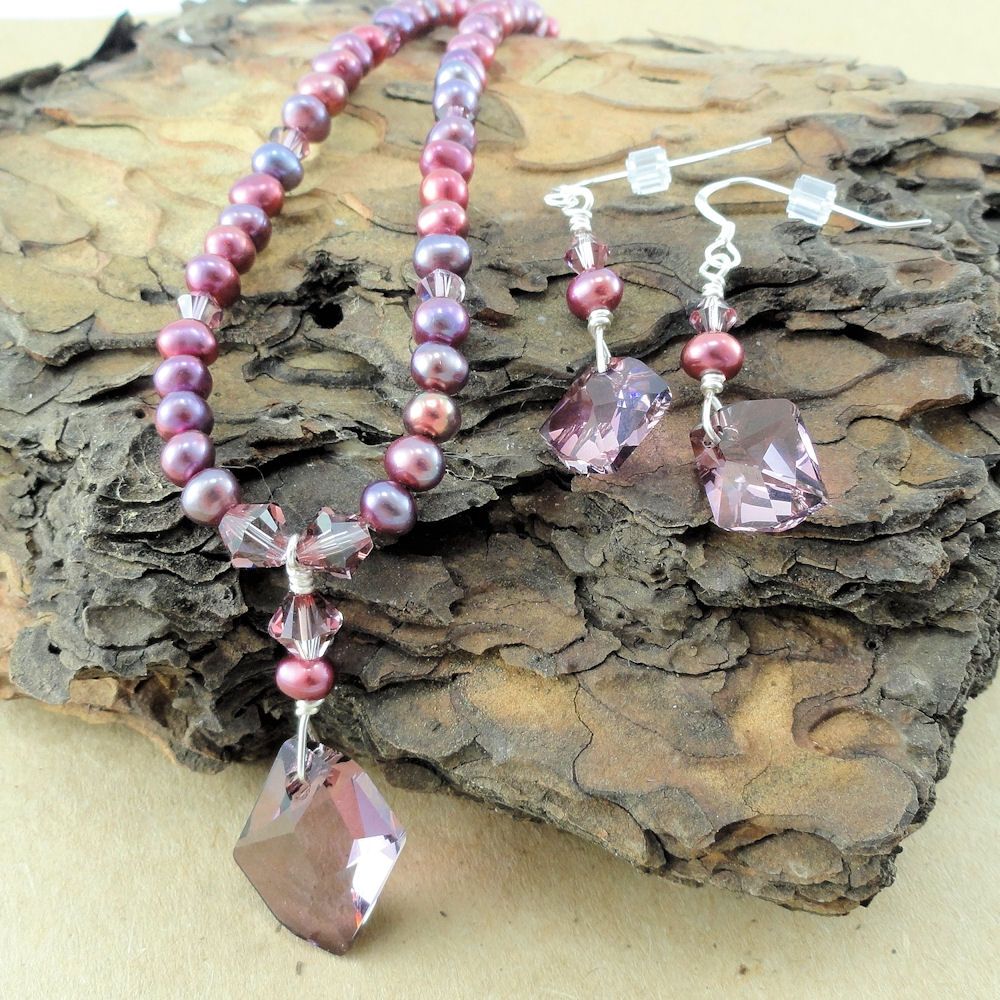 Swarovski Antique Pink Cosmic Crystal, cultured Freshwater Pearl, and Silver Necklace and Earring Set Swarovski Antique Pink Cosmic Crystal, cultured Freshwater Pearl, and Silver Necklace and Earring Set