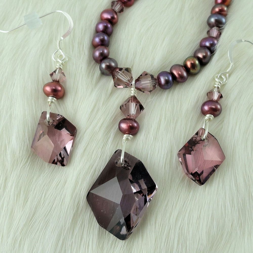 Swarovski Antique Pink Cosmic Crystal, cultured Freshwater Pearl, and Silver Necklace and Earring Set Swarovski Antique Pink Cosmic Crystal, cultured Freshwater Pearl, and Silver Necklace and Earring Set
