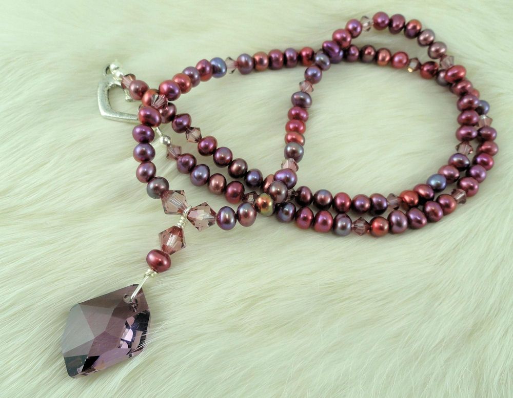 Swarovski Antique Pink Cosmic Crystal, cultured Freshwater Pearl, and Silver Necklace and Earring Set Swarovski Antique Pink Cosmic Crystal, cultured Freshwater Pearl, and Silver Necklace and Earring Set