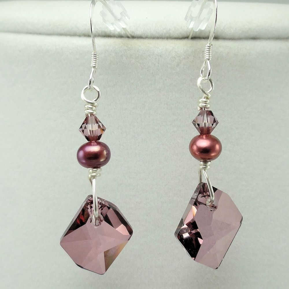 Swarovski Antique Pink Cosmic Crystal, cultured Freshwater Pearl, and Silver Necklace and Earring Set Swarovski Antique Pink Cosmic Crystal, cultured Freshwater Pearl, and Silver Necklace and Earring Set