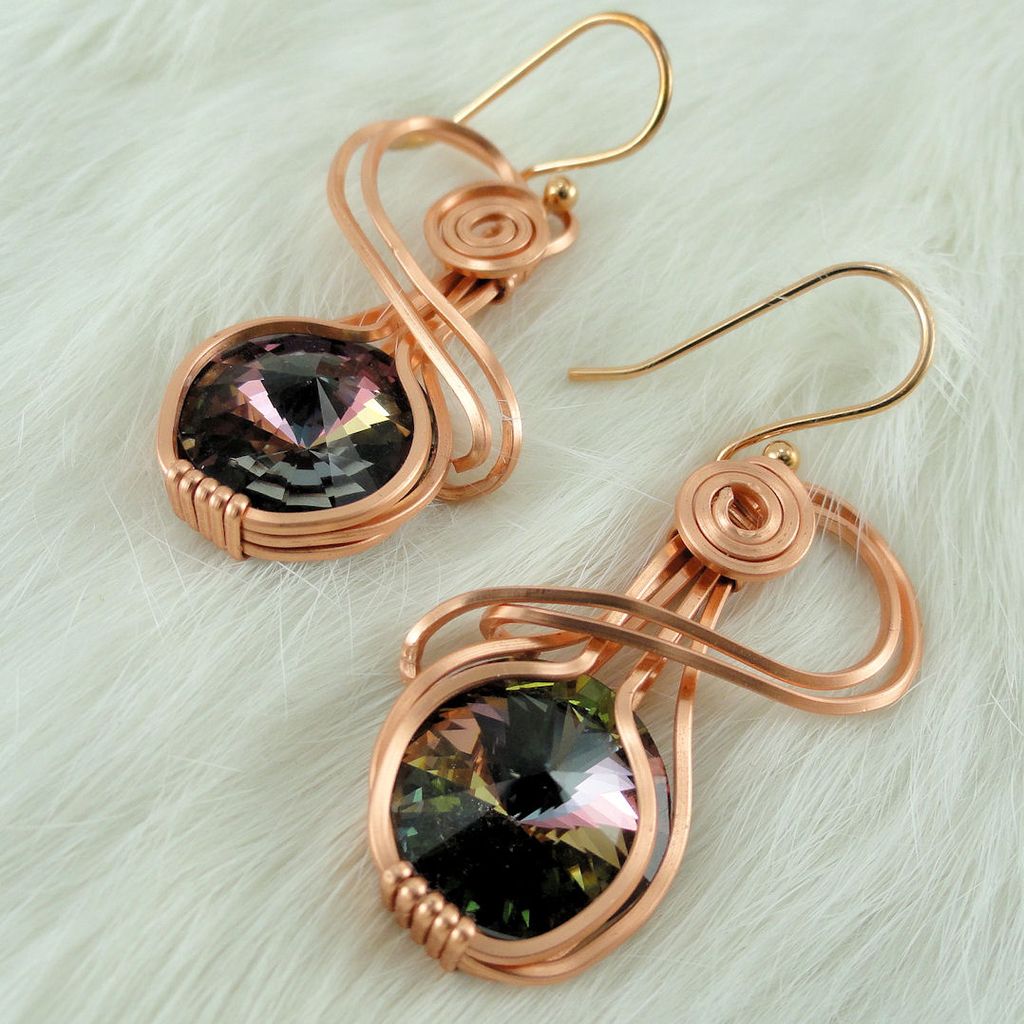 Swarovski Crystal Tabac Rivoli Hand Wire Wrapped Copper Rose Gold Earrings Swarovski Crystal Tabac Rivoli Hand Wire Wrapped Copper Rose Gold Earrings