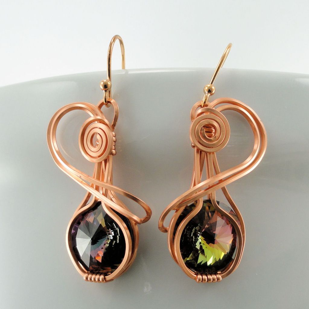 Swarovski Crystal Tabac Rivoli Hand Wire Wrapped Copper Rose Gold Earrings Swarovski Crystal Tabac Rivoli Hand Wire Wrapped Copper Rose Gold Earrings