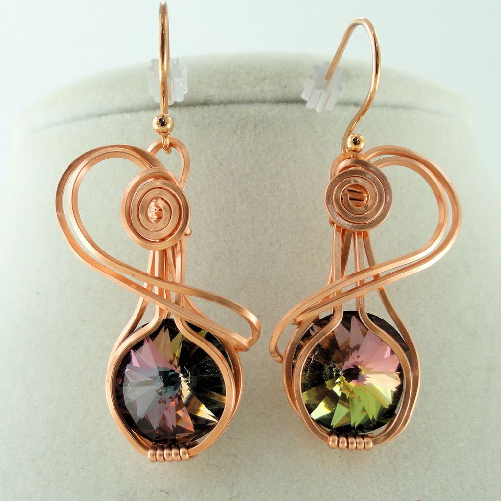 Swarovski Crystal Tabac Rivoli Hand Wire Wrapped Copper Rose Gold Earrings Swarovski Crystal Tabac Rivoli Hand Wire Wrapped Copper Rose Gold Earrings