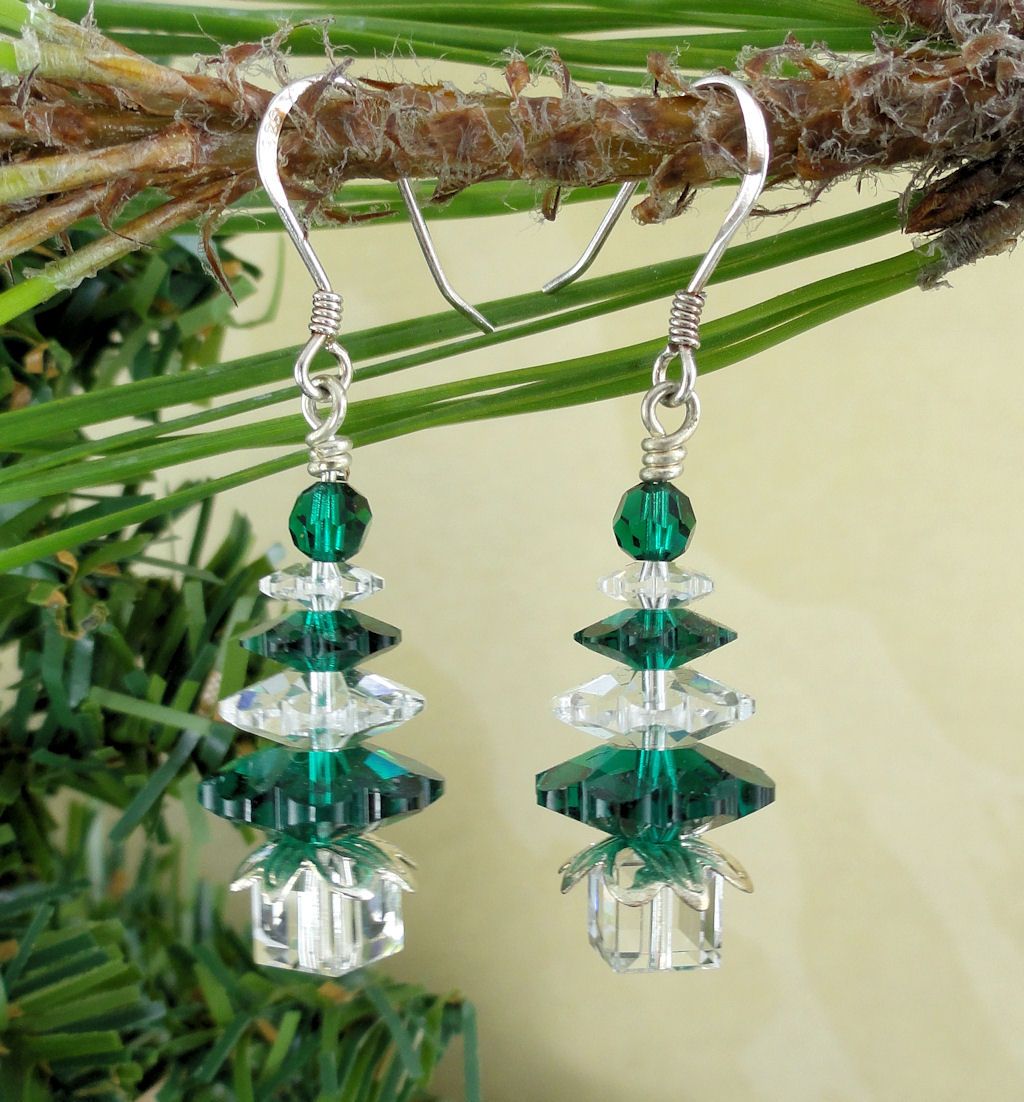 Traditional Emerald and Clear Swarovski Crystal Christmas Tree Sterling Silver Earrings Traditional Emerald and Clear Swarovski Crystal Christmas Tree Sterling Silver Earrings