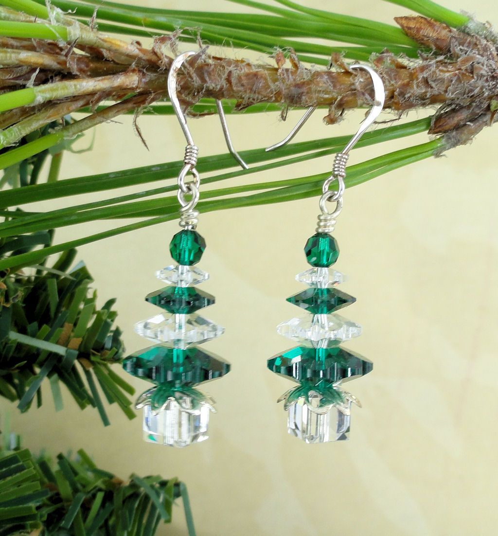 Traditional Emerald and Clear Swarovski Crystal Christmas Tree Sterling Silver Earrings Traditional Emerald and Clear Swarovski Crystal Christmas Tree Sterling Silver Earrings