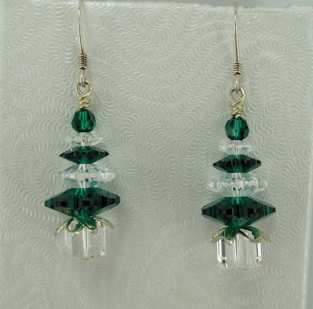 Traditional Emerald and Clear Swarovski Crystal Christmas Tree Sterling Silver Earrings Traditional Emerald and Clear Swarovski Crystal Christmas Tree Sterling Silver Earrings