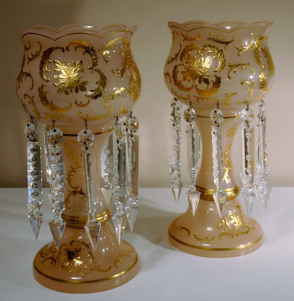 Pair of Table or Mantel Lusters in Pink Glass from acornfarmantiques on Ruby Lane