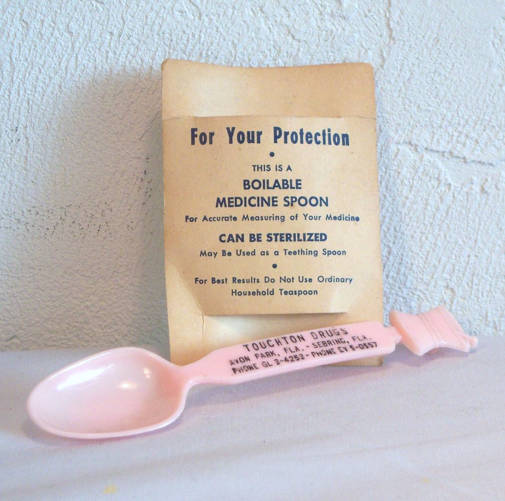 Vintage Pink Plastic Medicine Baby Spoon Advertising Touchton Drugs 1950's Vintage Pink Plastic Medicine Baby Spoon Advertising Touchton Drugs 1950's
