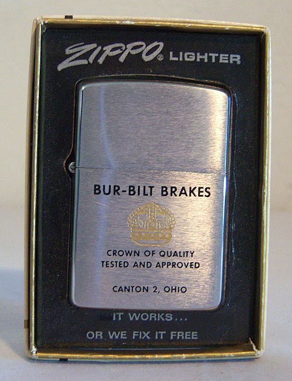 ZIPPO Bur-Bilt Brakes 1962 MIB Engraved Crown Logo ZIPPO Bur-Bilt Brakes 1962 MIB Engraved Crown Logo