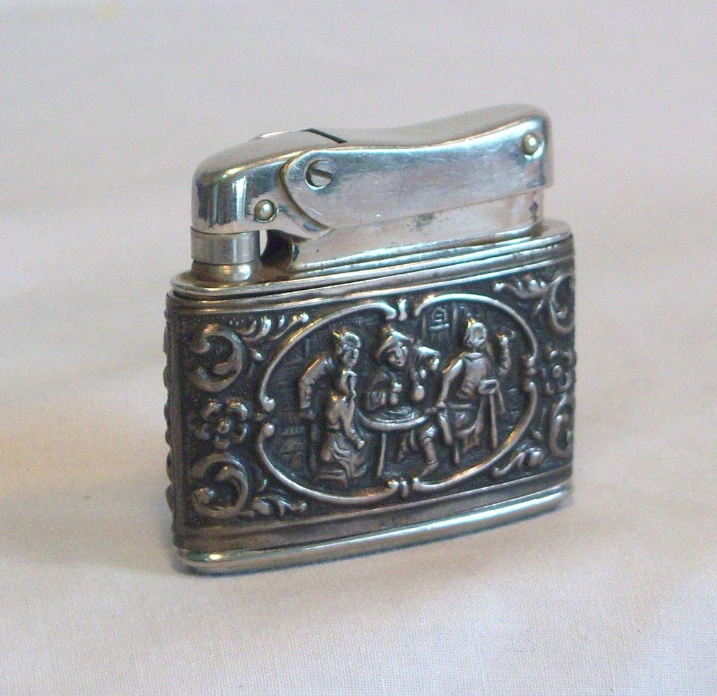 MYFLAM Pocket Lighter with Old Pub Scene Relief 1950's MYFLAM Pocket Lighter with Old Pub Scene Relief 1950's