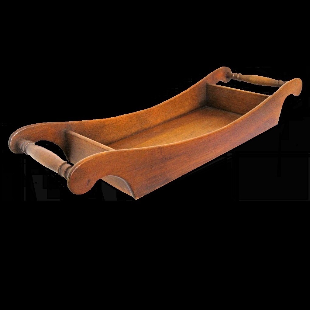 Sleigh Shaped Vintage Wood Serving Tray with Turned Handles from
