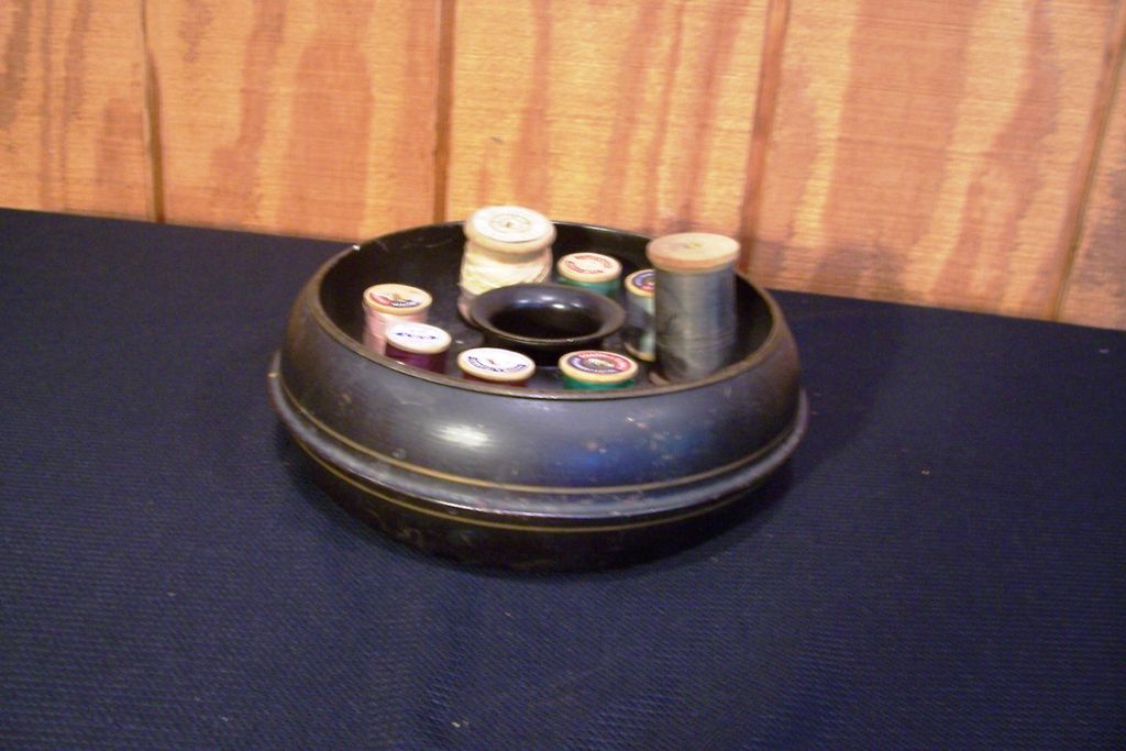 Sewing Caddy, decorated black metal, circa 1920 Sewing Caddy, decorated black metal, circa 1920