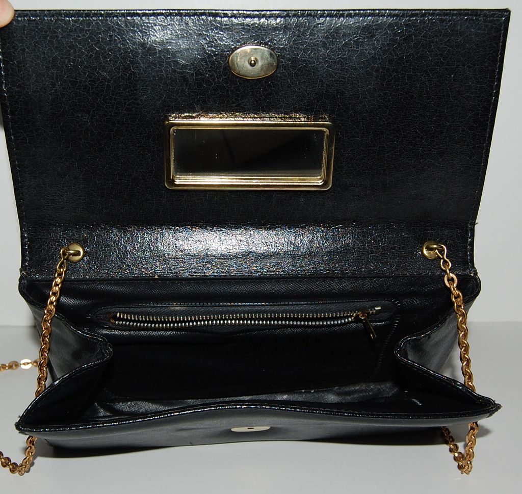 1970s Faux Black Leather Purse w/ Goldtone Chain Strap 1970s Faux Black Leather Purse w/ Goldtone Chain Strap