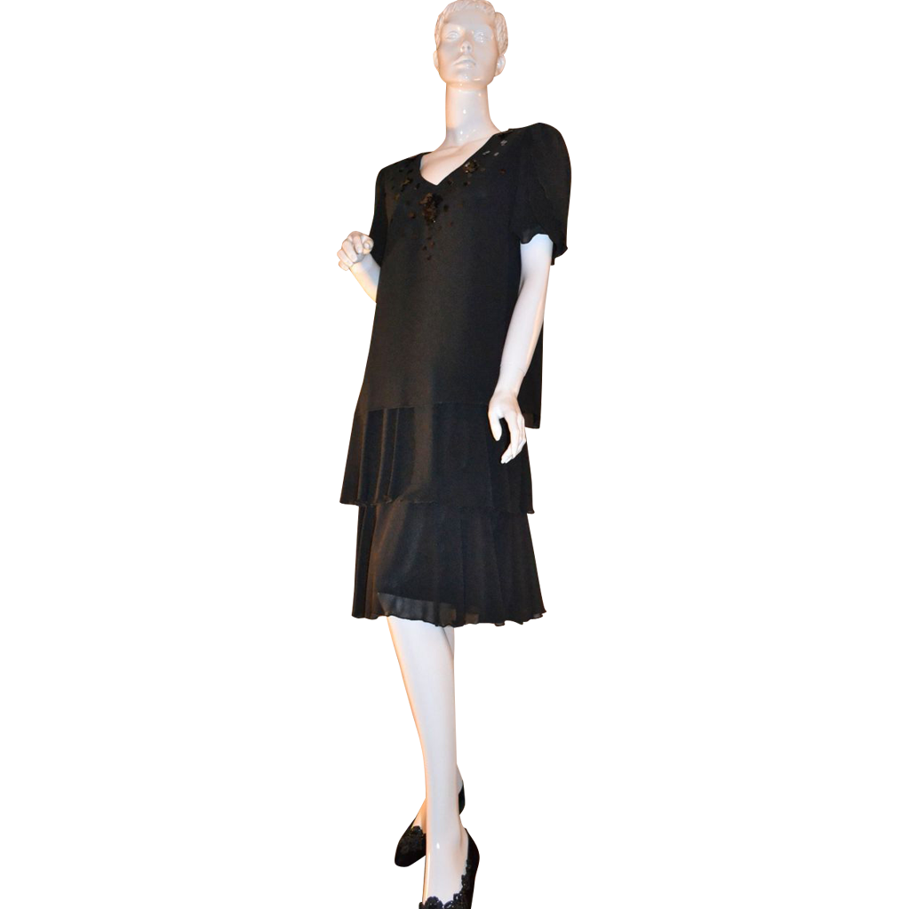 1980s Ann Hobbs ~ Deco Revival Black Chiffon & Sequin Dress 1980s Ann Hobbs ~ Deco Revival Black Chiffon & Sequin Dress