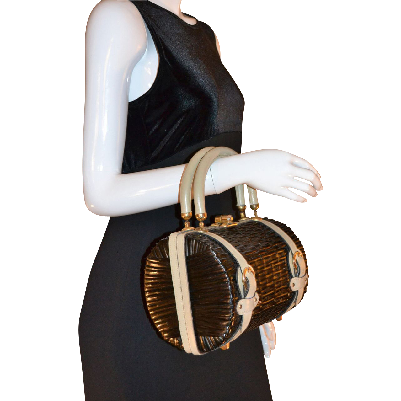 1960s Tano of Madrid ~ Black Straw & Leather Barrel Purse 1960s Tano of Madrid ~ Black Straw & Leather Barrel Purse