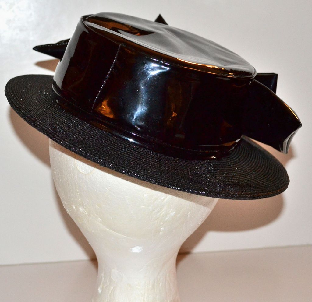1960s Henry Margu ~ Black Vinyl Bow Boater Style Hat 1960s Henry Margu ~ Black Vinyl Bow Boater Style Hat