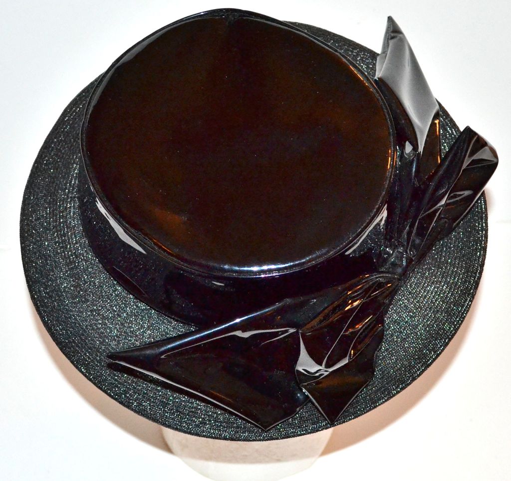 1960s Henry Margu ~ Black Vinyl Bow Boater Style Hat 1960s Henry Margu ~ Black Vinyl Bow Boater Style Hat