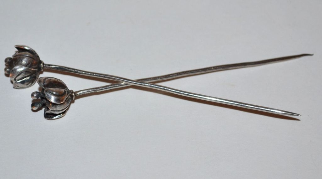 Rare Set of 4" Sterling Flower Hat or Hair Pins Rare Set of 4" Sterling Flower Hat or Hair Pins