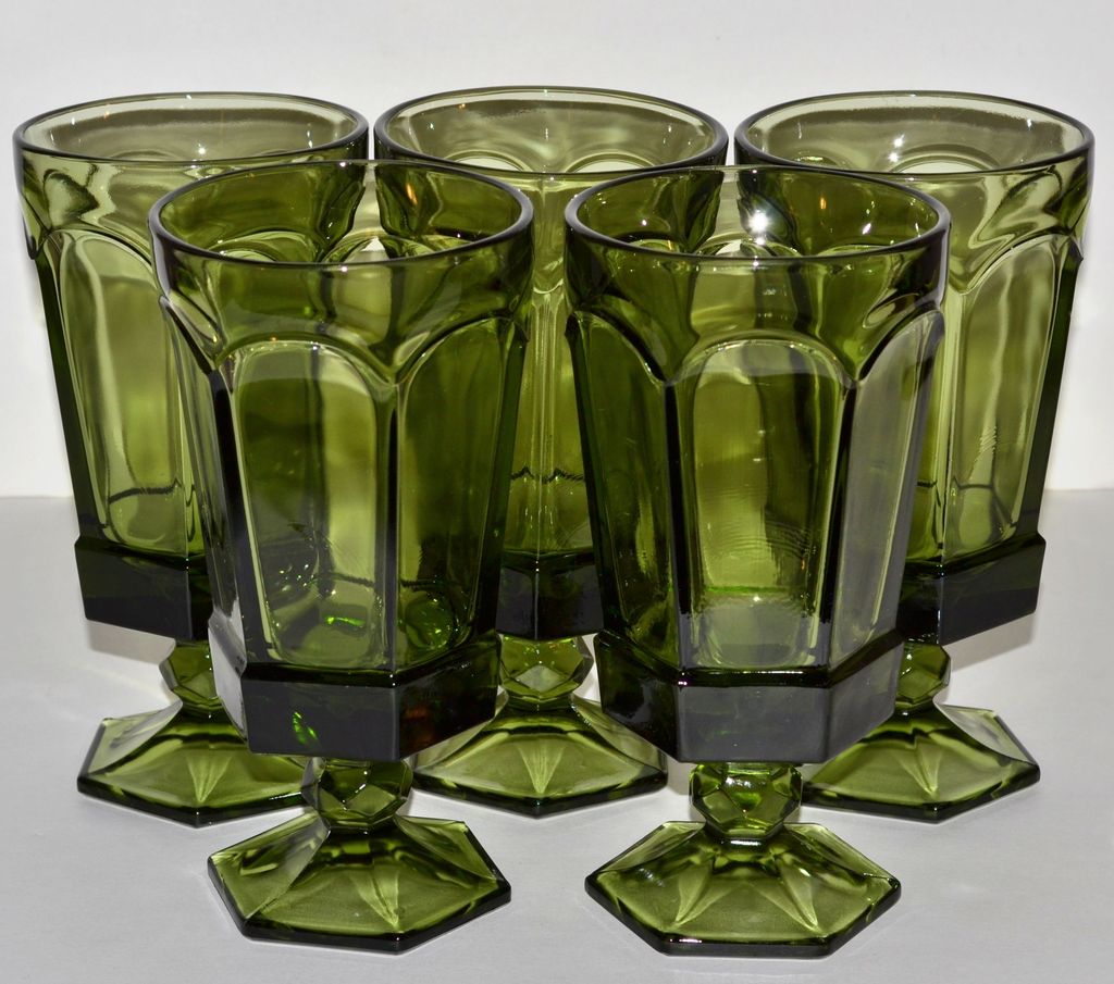 1970s Set of 5 Gothic Green Paneled Goblets 1970s Set of 5 Gothic Green Paneled Goblets