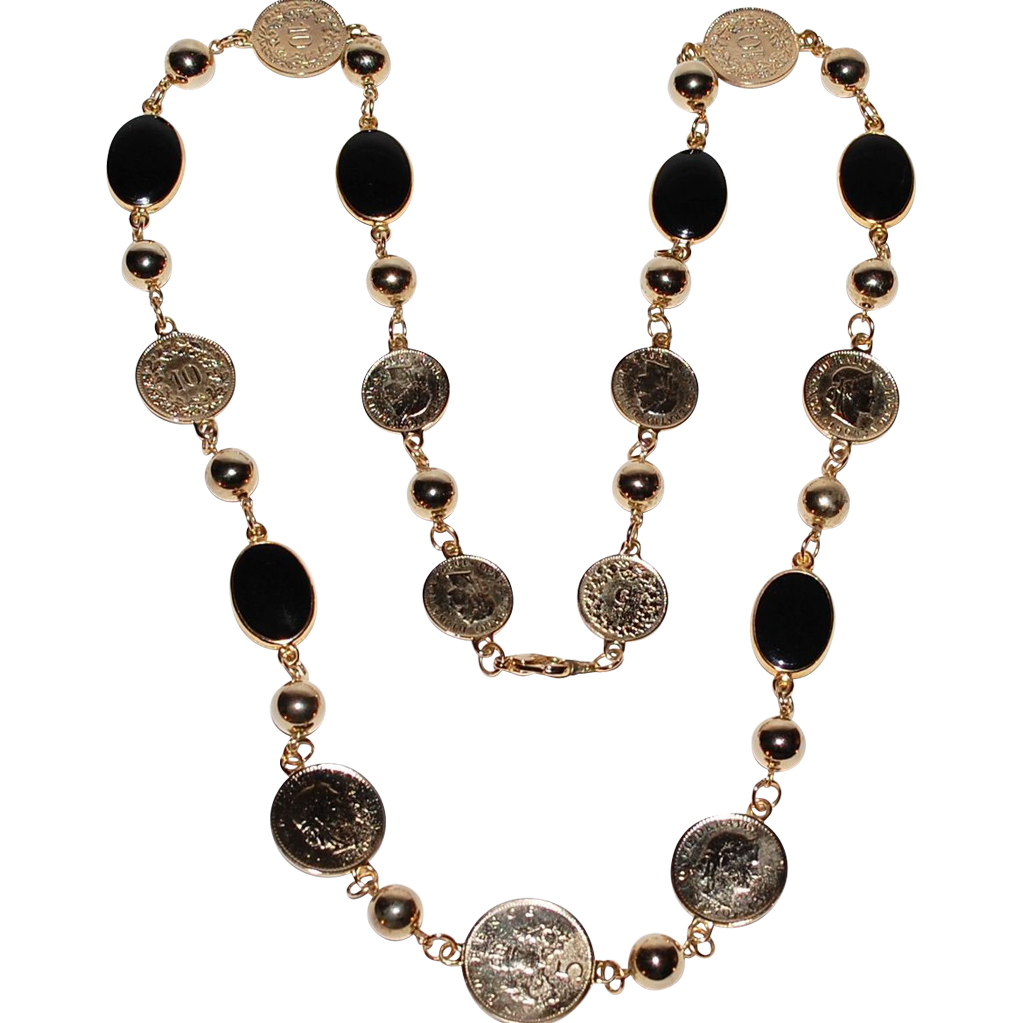 1970s Faux Coin Black Oval Bead Necklace 1970s Faux Coin Black Oval Bead Necklace