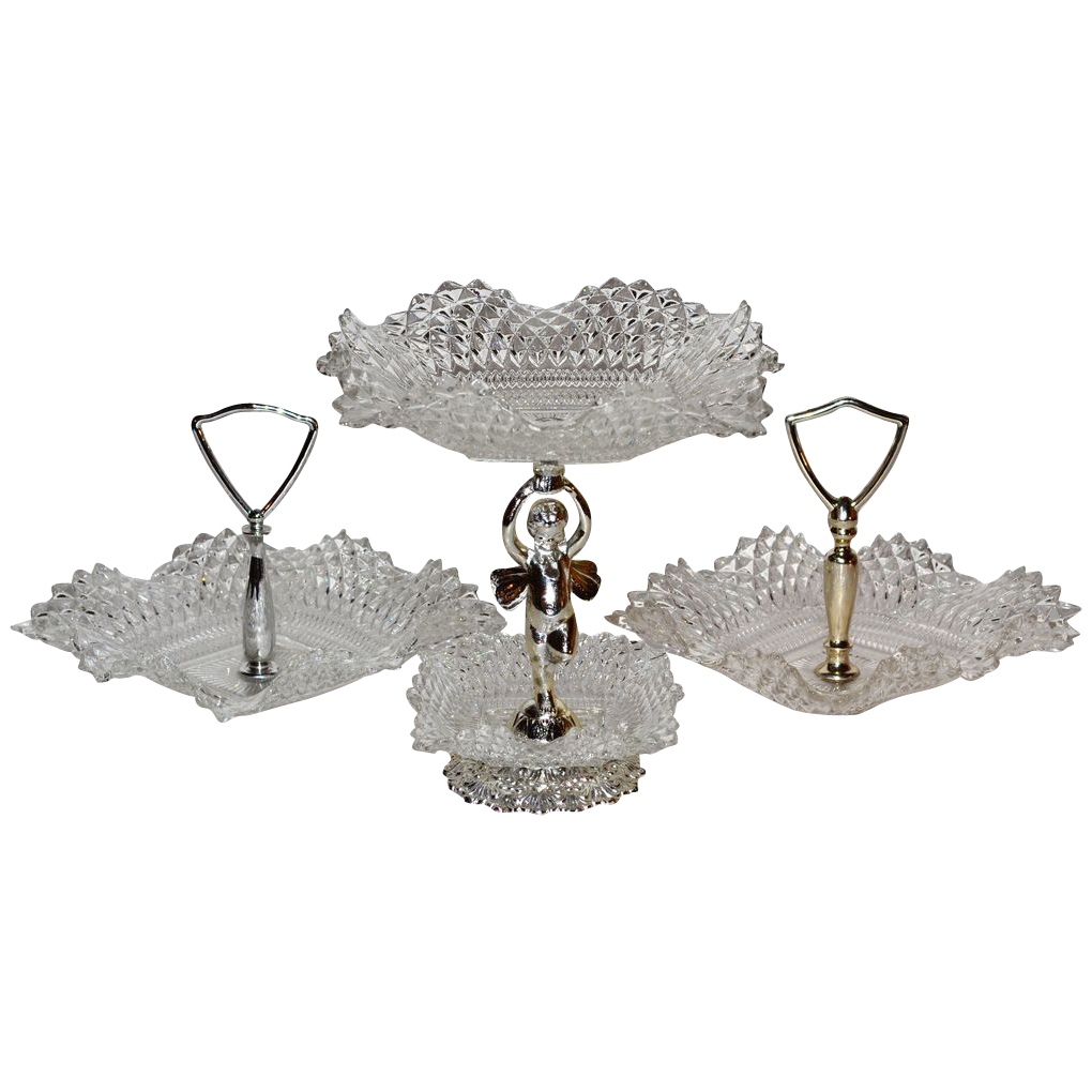 Cherub Diamond Point Glass Candy Dish Set Cherub Diamond Point Glass Candy Dish Set