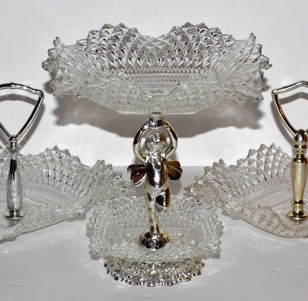 Cherub Diamond Point Glass Candy Dish Set Cherub Diamond Point Glass Candy Dish Set
