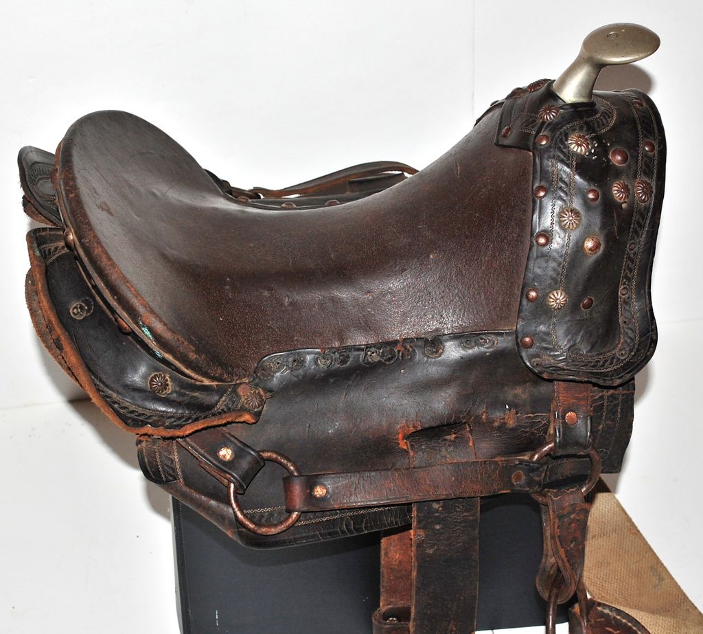Antique Leather Child's Saddle w/ Pewter Handle & Wood Stirrups Antique Leather Child's Saddle w/ Pewter Handle & Wood Stirrups