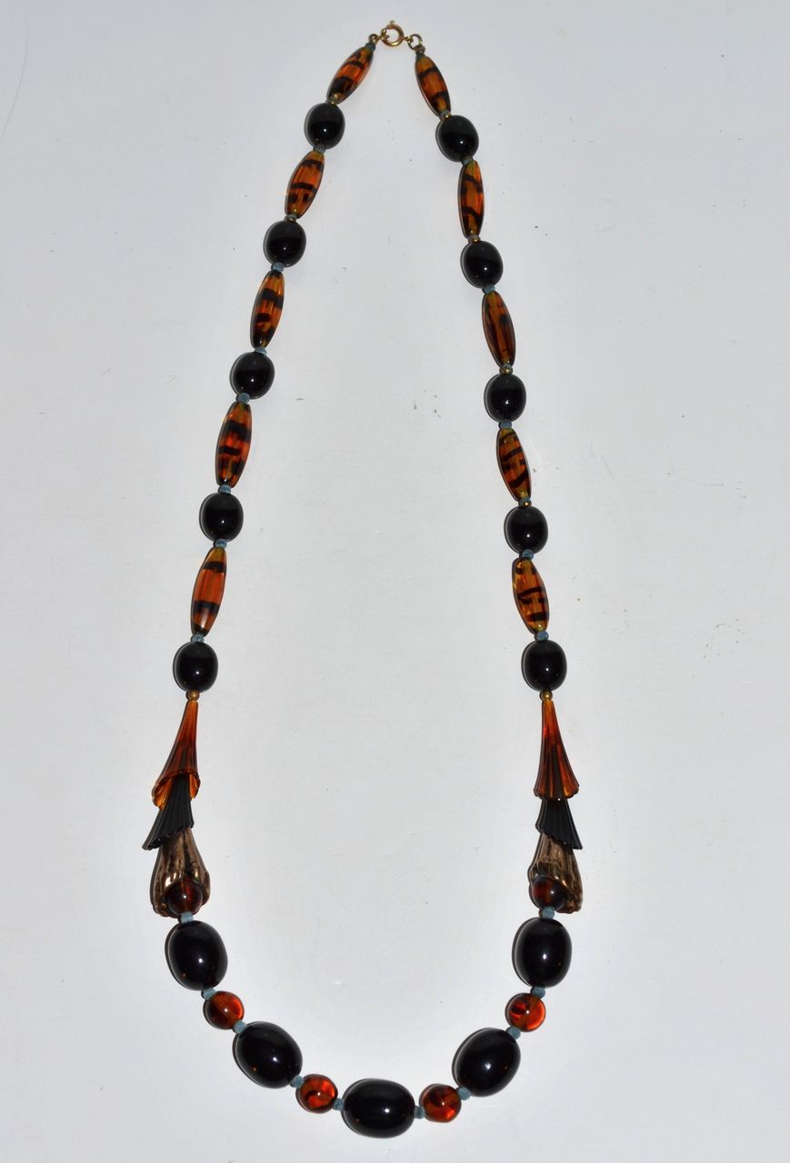 Long Black, Tiger-Striped & Horn Beaded Necklace Long Black, Tiger-Striped & Horn Beaded Necklace