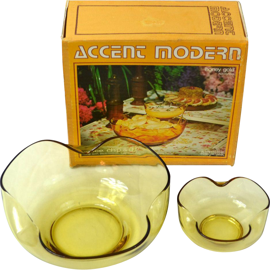 1970s Anchor Hocking ~ Honey Gold Glass Chip N' Dip Set w/ Orig Box 1970s Anchor Hocking ~ Honey Gold Glass Chip N' Dip Set w/ Orig Box