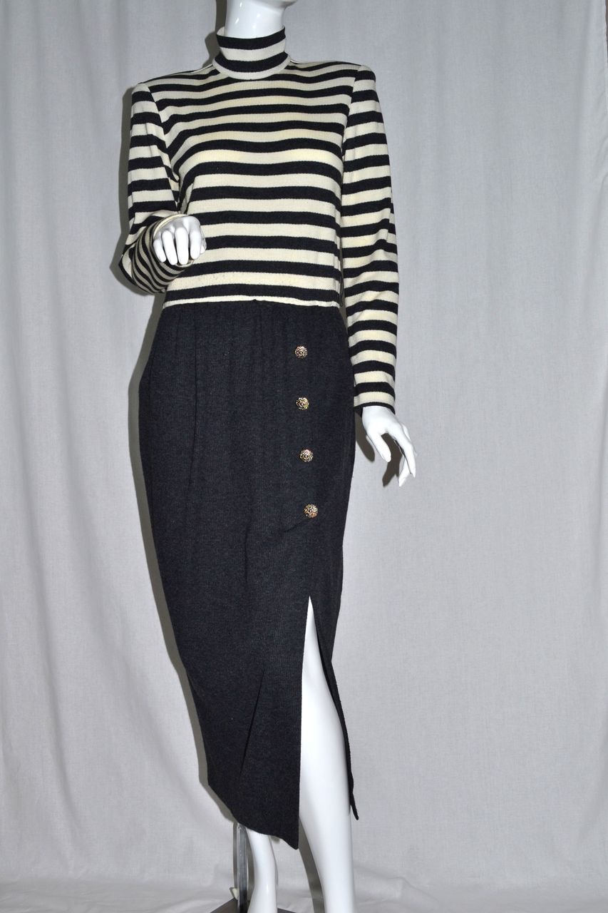 1980s Kwai ~ Deep Gray & Cream White-Striped Sweater Dress ~ USA 1980s Kwai ~ Deep Gray & Cream White-Striped Sweater Dress ~ USA