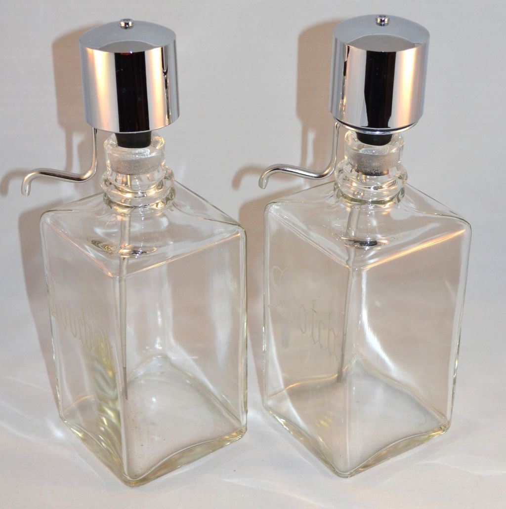 1950s Continental Say-When ~ Set of 2 Mid-Century Modern Chrome & Glass Liquor Decanters 1950s Continental Say-When ~ Set of 2 Mid-Century Modern Chrome & Glass Liquor Decanters