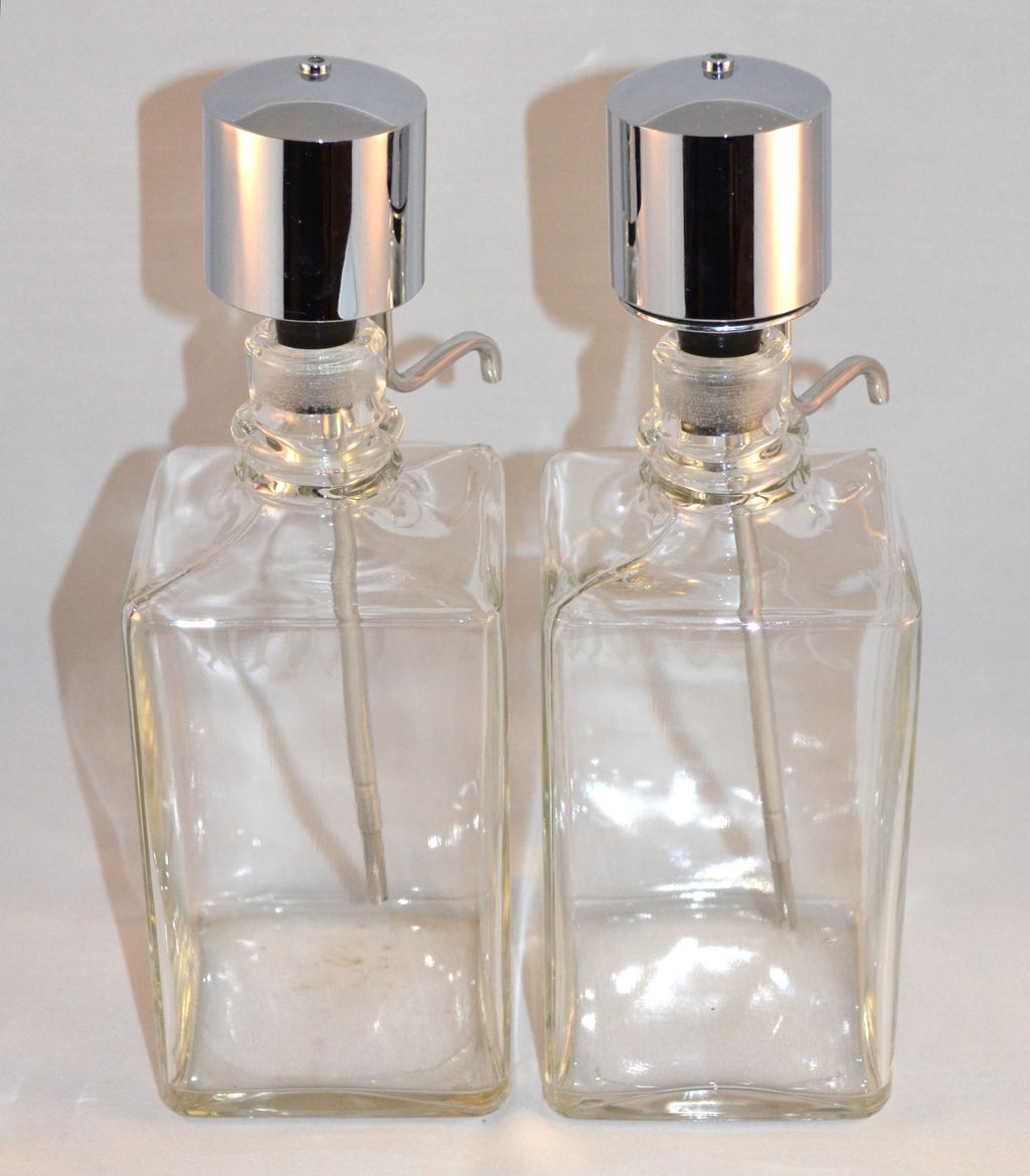1950s Continental Say-When ~ Set of 2 Mid-Century Modern Chrome & Glass Liquor Decanters 1950s Continental Say-When ~ Set of 2 Mid-Century Modern Chrome & Glass Liquor Decanters