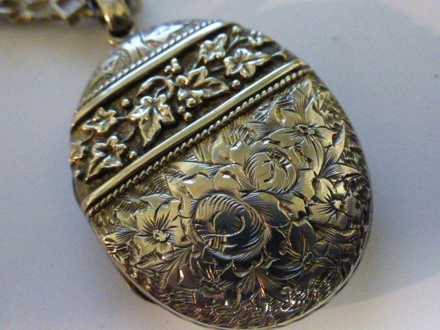 ENGLISH Victorian Oval Silver Chased Locket & Chain ENGLISH Victorian Oval Silver Chased Locket & Chain