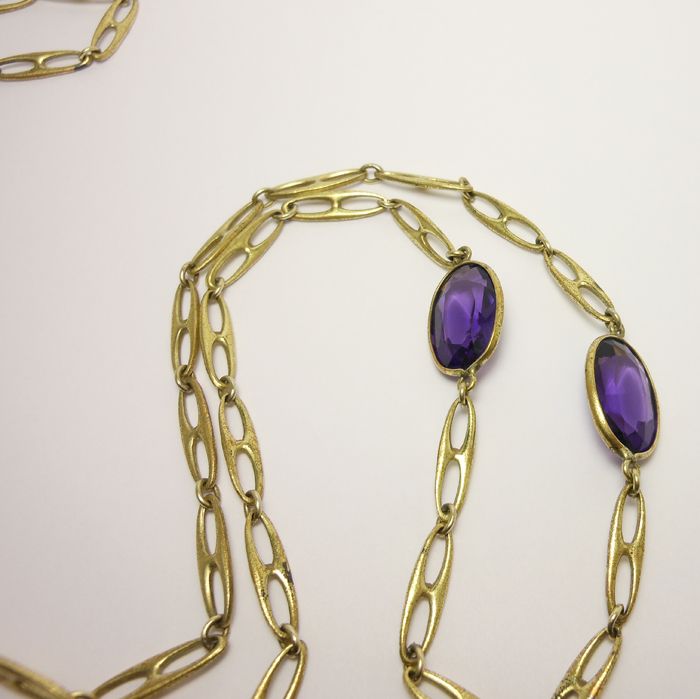 Art Deco Amethyst Glass & Brass Fancy Chain Art Deco Amethyst Glass & Brass Fancy Chain